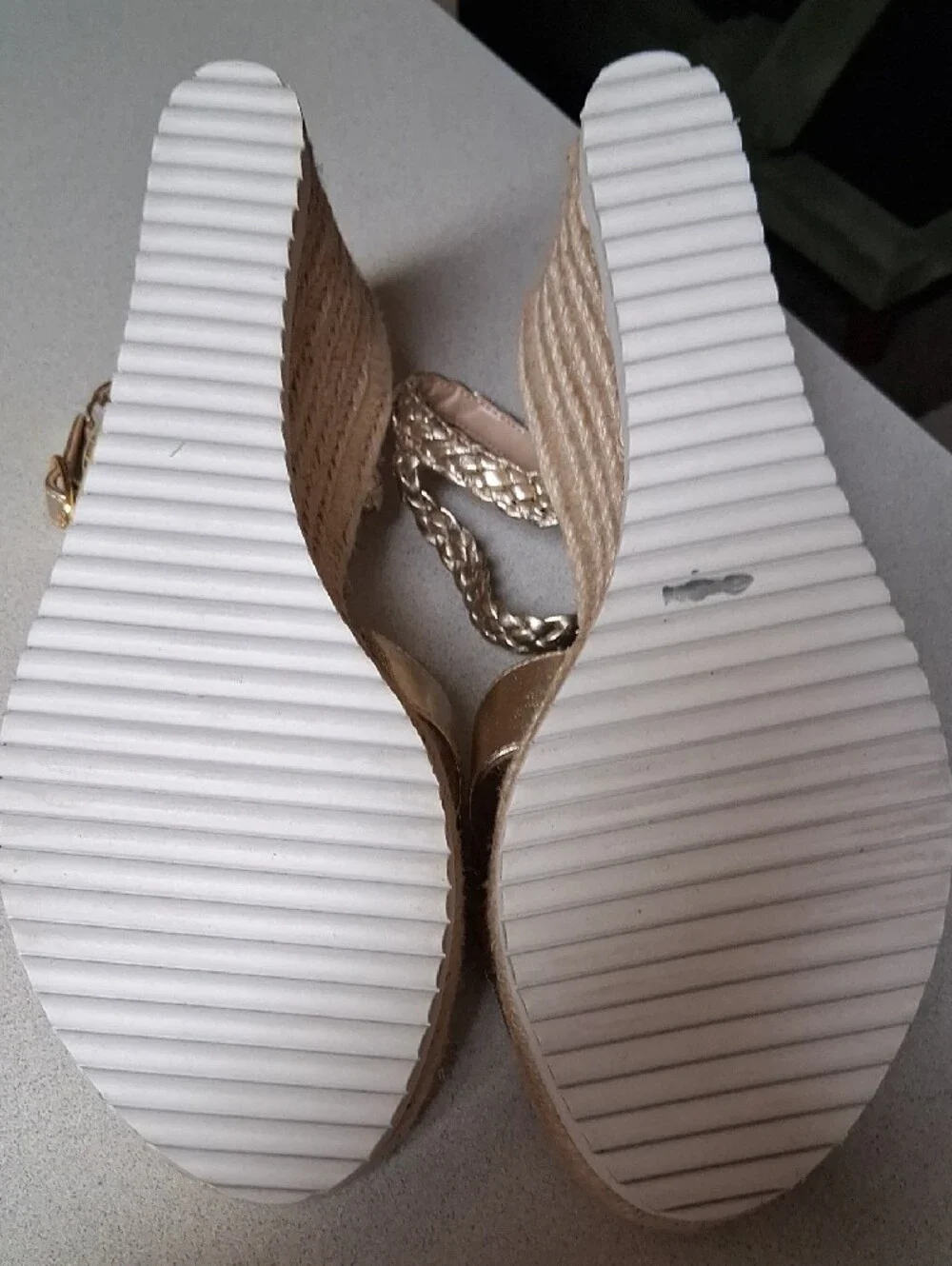 BNWT Stuart Weitzman MYKONOS Metallic Gold Braided Ankle Espadrille Wedges 7B